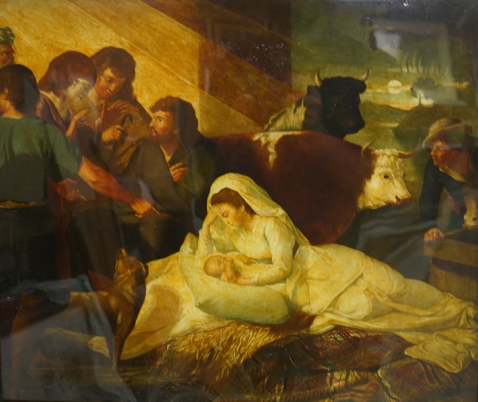 19th century, reverse glass painted print, nativity scene, gilt framed, 41 x 49cm